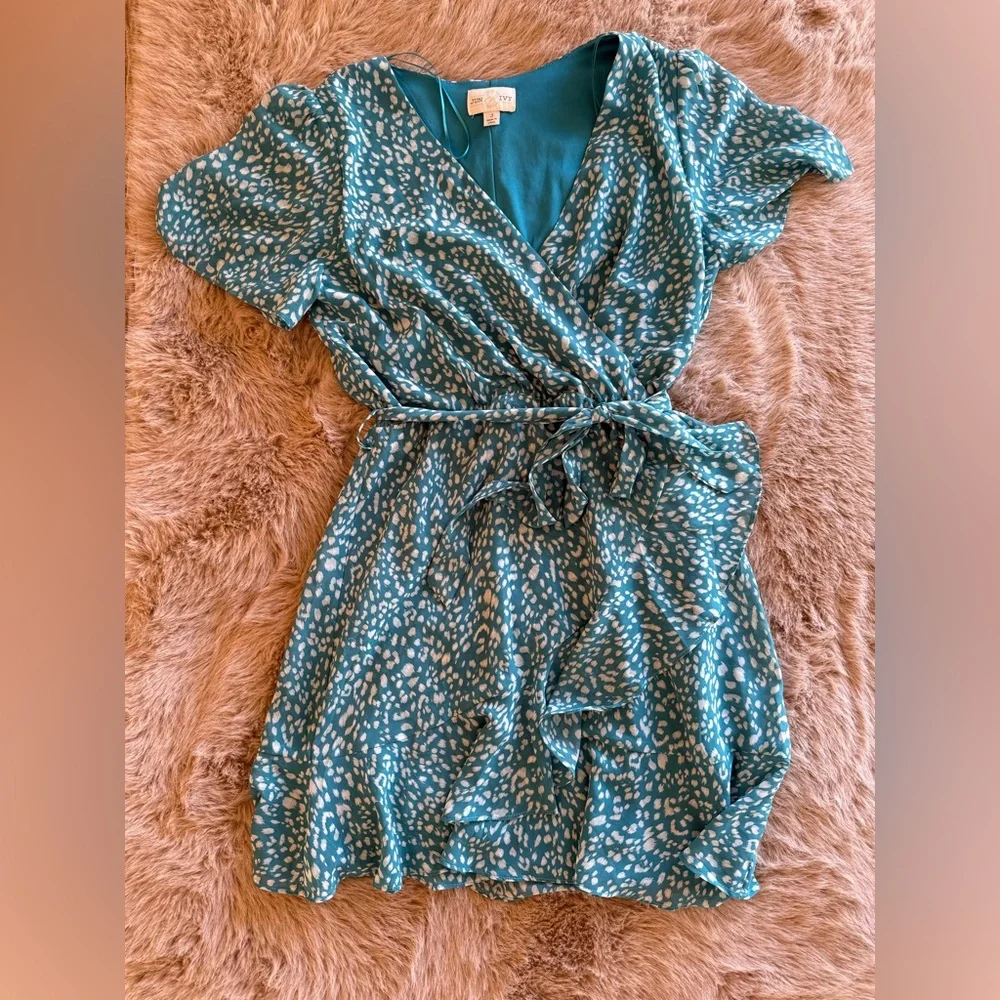 Kentucky Derby Flirty Aqua Cheetah Print Wrap Dress with Ruffle Detail - Picture 6 of 8